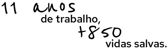 Texto sem fundo onde está escrito '11 anos de trabalho, +850 vidas salvas.'
